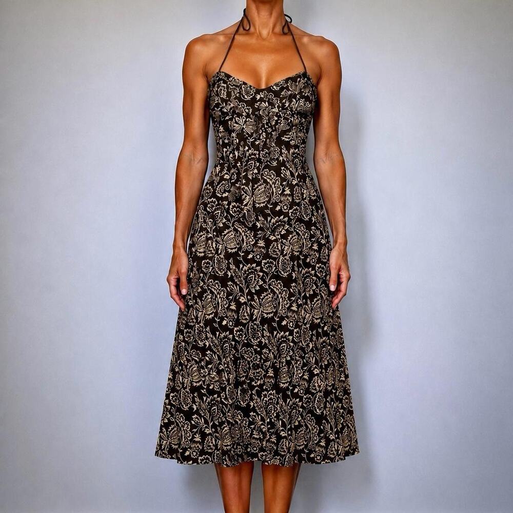 Vintage 90s Italian 100% Cotton Brown Floral Euro Halter Midi Dress Size S